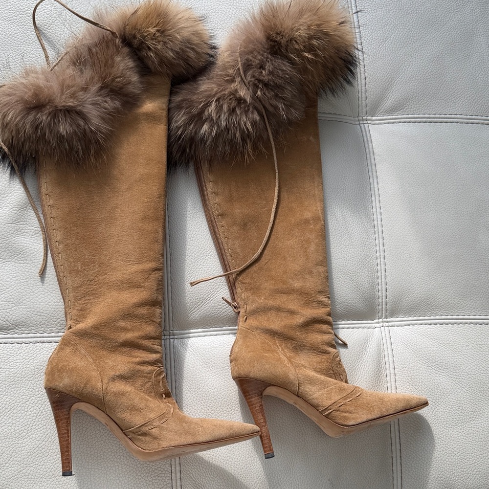 Manolo Blahnik Tan Fox Fur-Trimmed Heeled Over The Knee Boots